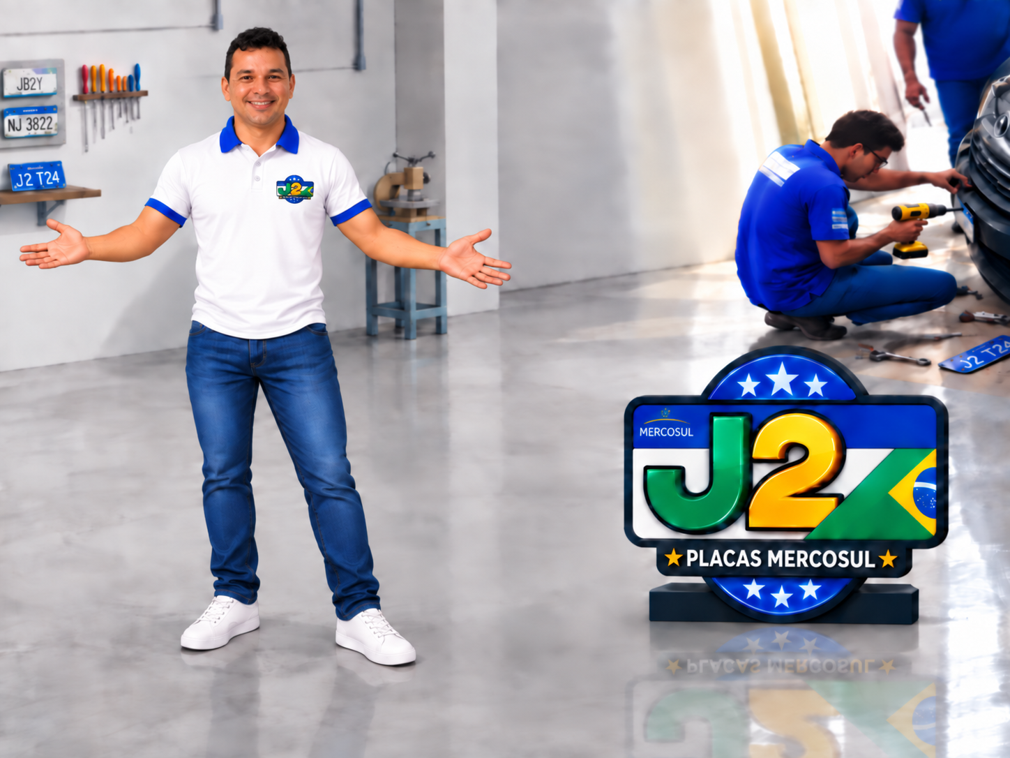 Equipe da J2 Placas na oficina instalando placa Mercosul, com o letreiro J2 Placas Mercosul
